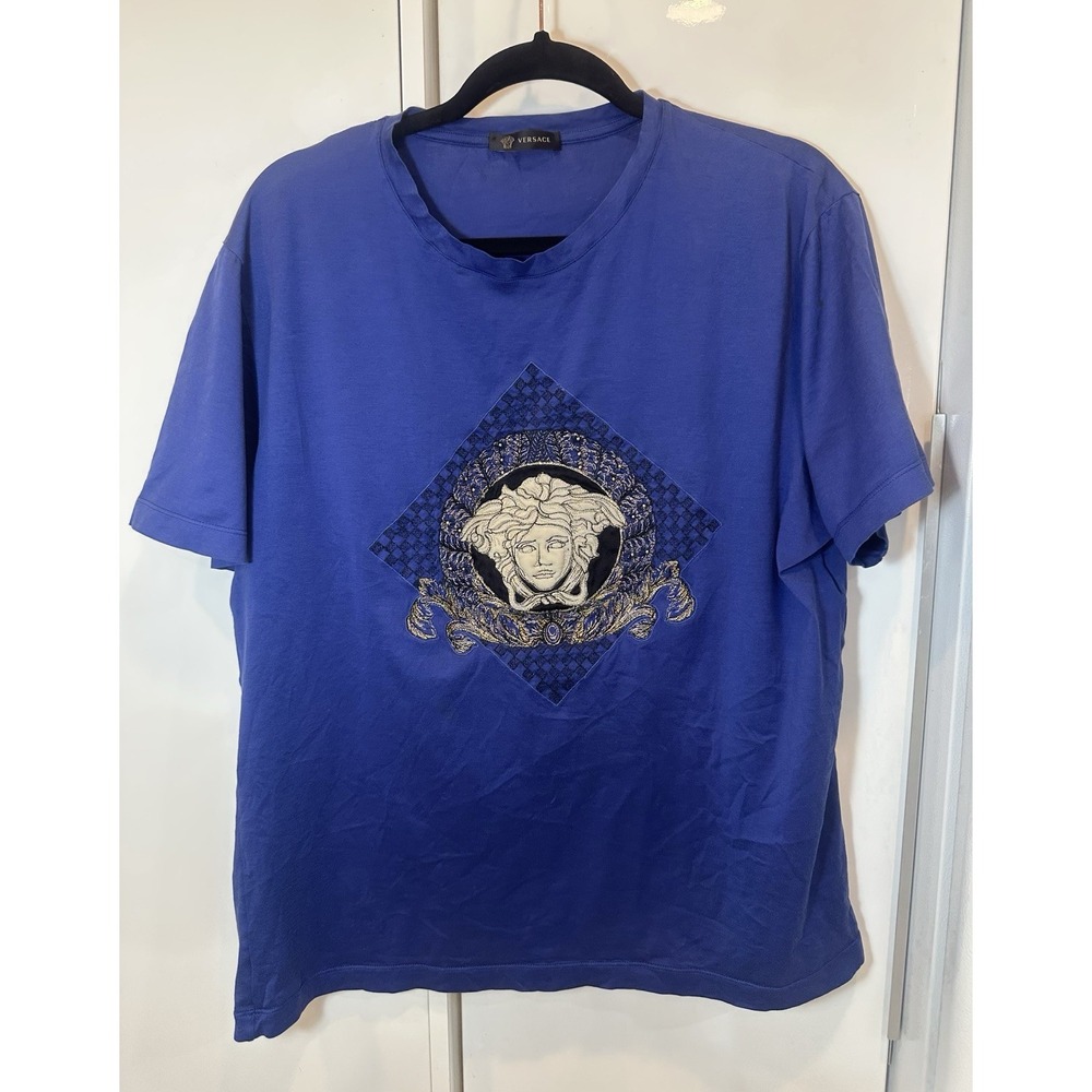 VERSACE Medusa Embroidered Gold TShirt Blue Cotton Original Made in Italy Sz 3XL